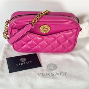 Versace Quilted La Medusa Camera Bag – Bright Pink with Gold-Tone Hardware
